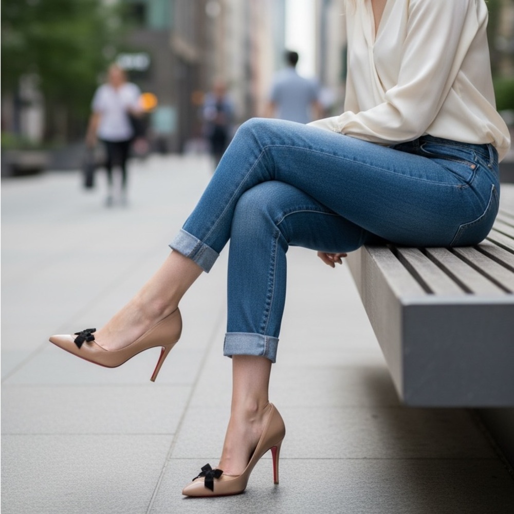 Christian Louboutin Nude Heels with Black Bow